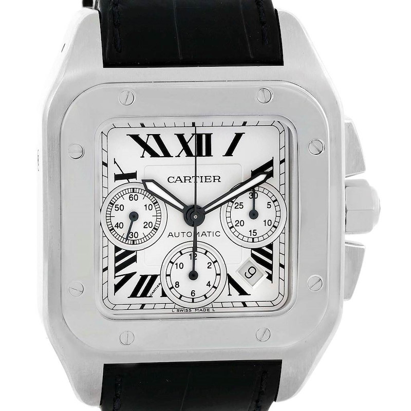 This Cartier Santos watch is shown from a front angle, highlighting its square face, Roman numerals, chronograph subdials, and leather strap.