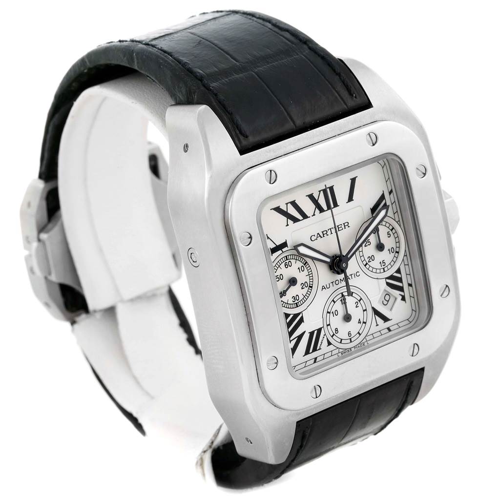 The Cartier Santos W20090X8 Men
s Stainless Steel Silver Dial W20090X8 Men
s Stainless Steel Silver Dial model watch is shown at a slight angle, featuring its face, bezel, and leather strap.