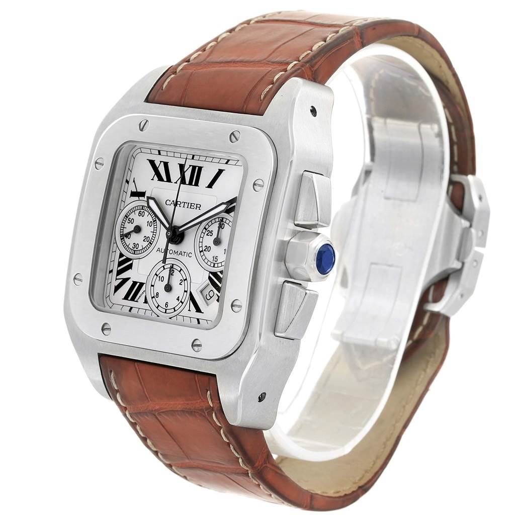 The image shows a Cartier Santos W20090X8 Men
s Stainless Steel Silver Dial W20090X8 Men
s Stainless Steel Silver Dial watch at a slight angle, highlighting its square face, brown leather strap, and side buttons.
