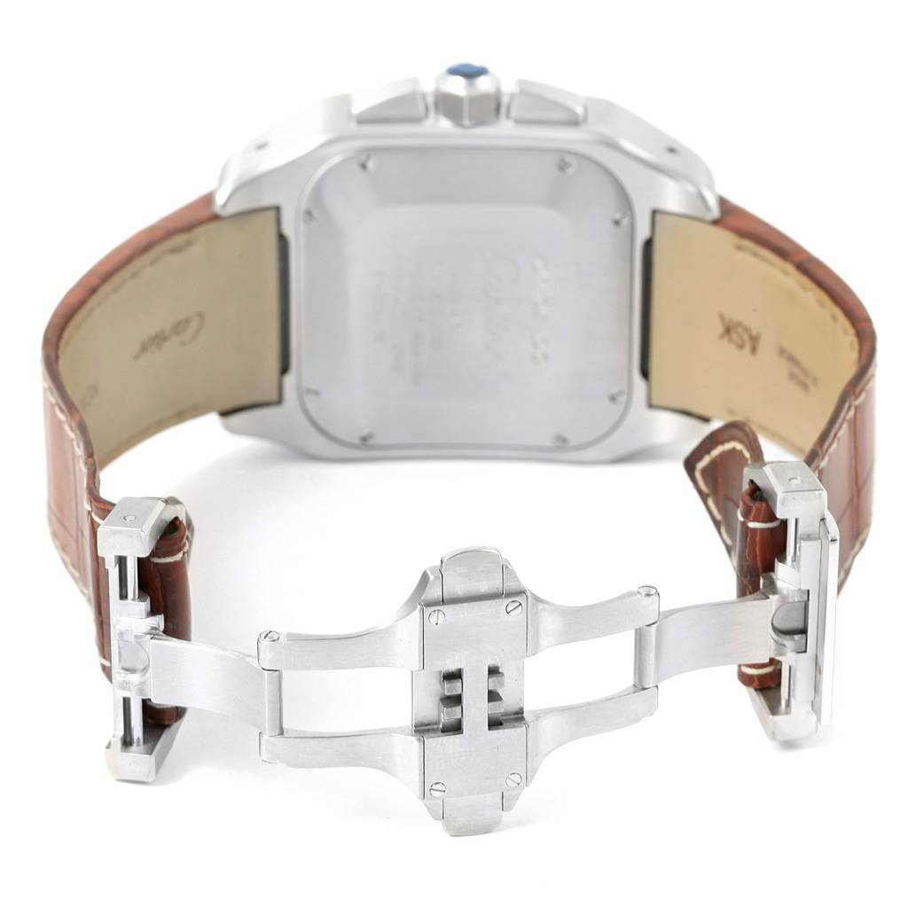 The image shows the back view of the Santos model by Cartier, focusing on the case, leather strap, and deployment clasp.