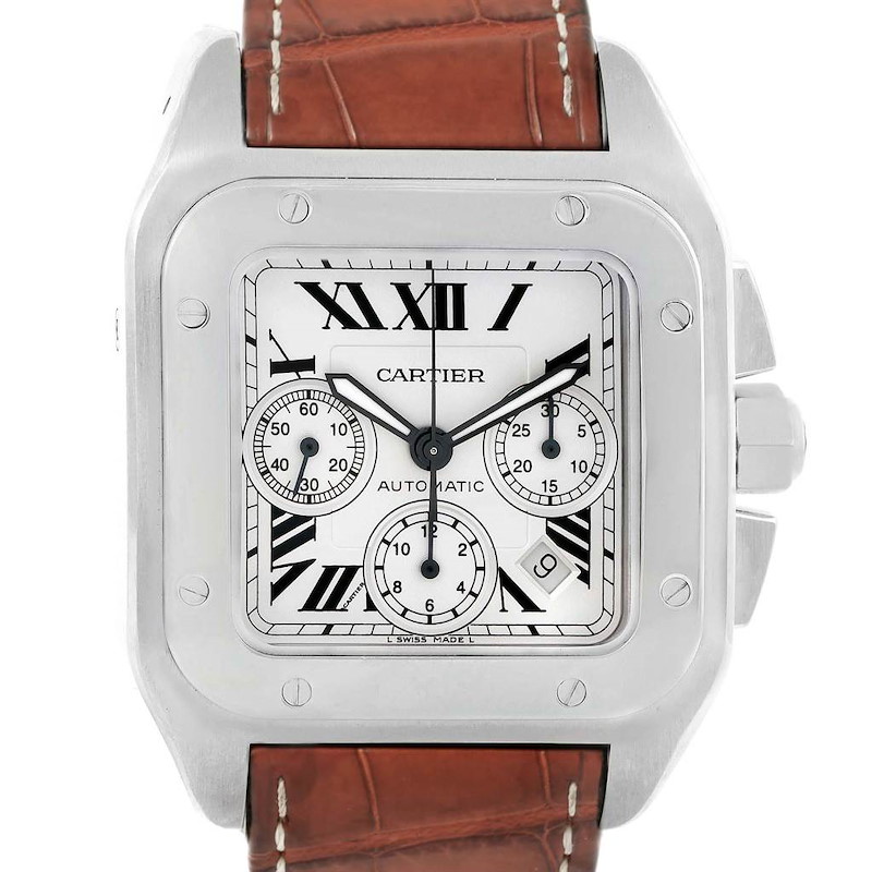 Cartier Santos 100 X-Large Silver Dial Chronograph Watch W20090X8 SwissWatchExpo