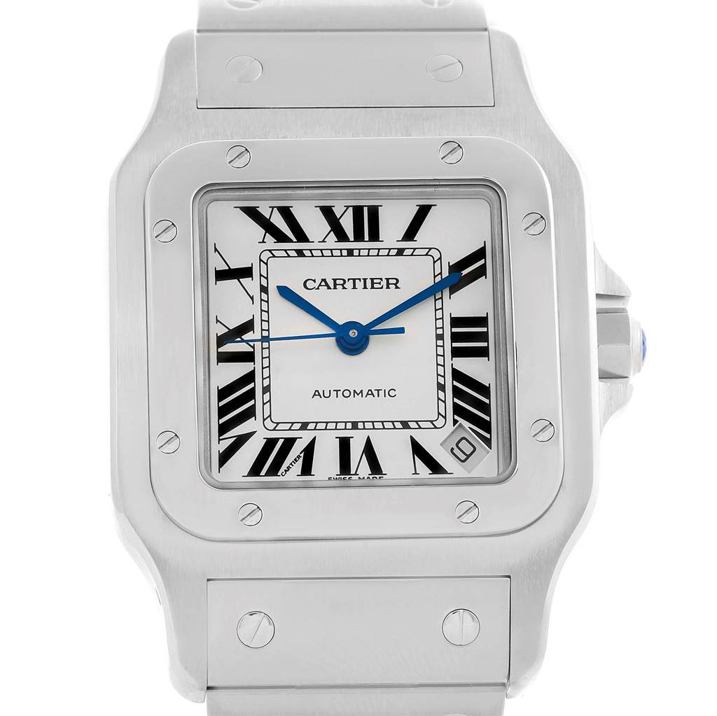 This is a front view of a Cartier Santos W20098D6 Men's Stainless Steel Silver Dial W20098D6 Men's Stainless Steel Silver Dial model watch, showing the face, dial, and part of the bracelet.