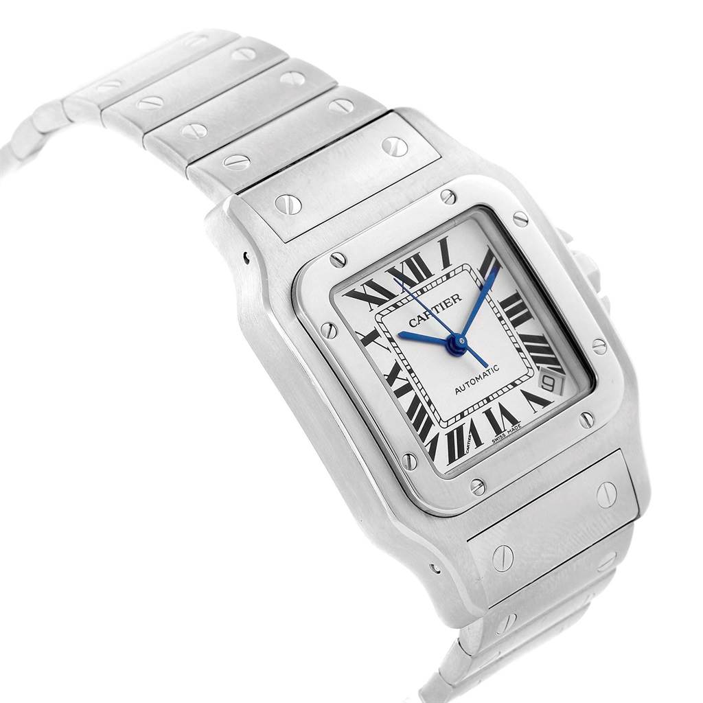 The image shows a close-up angle of the Cartier Santos W20098D6 Men's Stainless Steel Silver Dial W20098D6 Men's Stainless Steel Silver Dial watch, highlighting its stainless steel case, bezel, and bracelet with screws and a white dial.