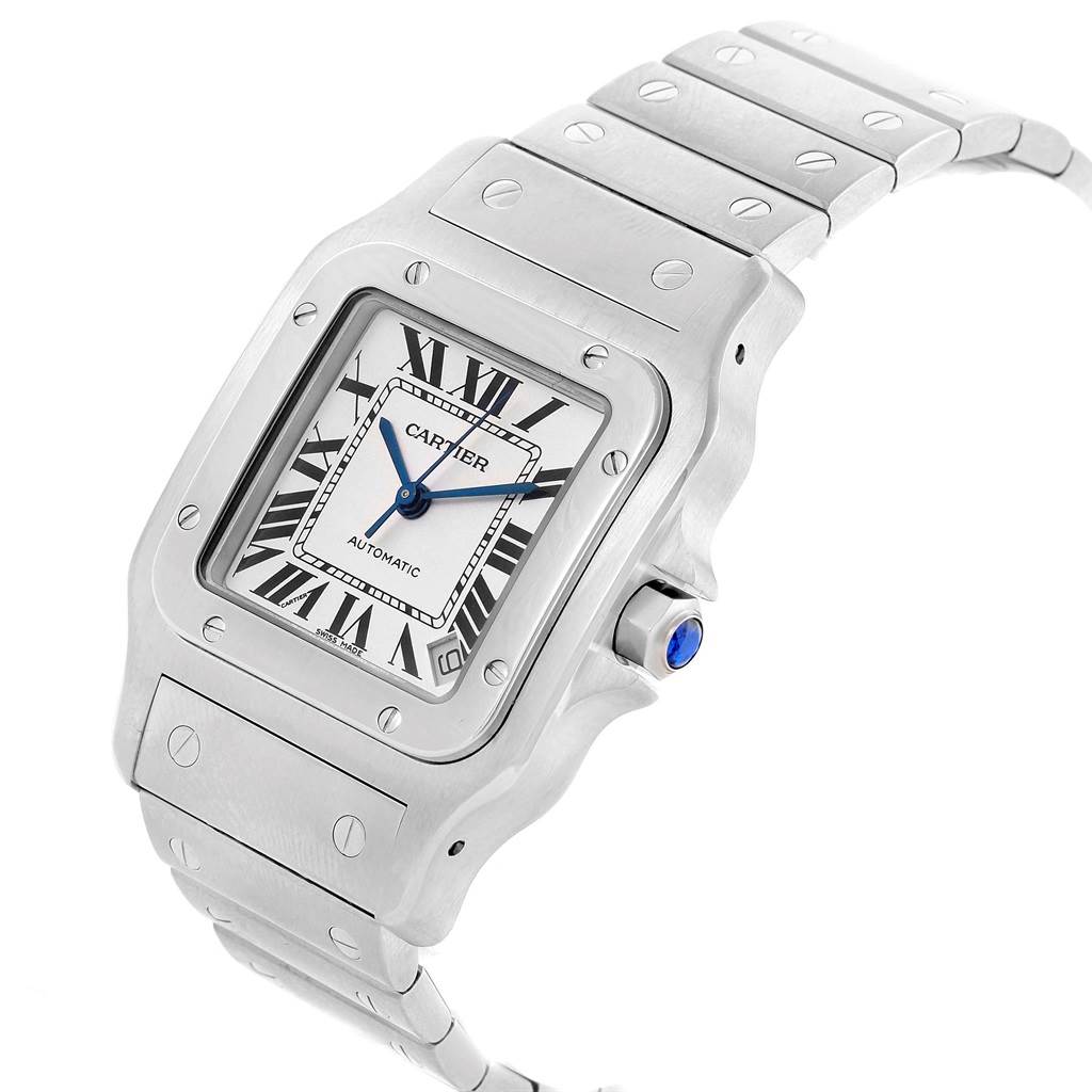 The image shows a front and side view of the Cartier Santos W20098D6 Men's Stainless Steel Silver Dial W20098D6 Men's Stainless Steel Silver Dial watch, highlighting its face, bezel, and bracelet.