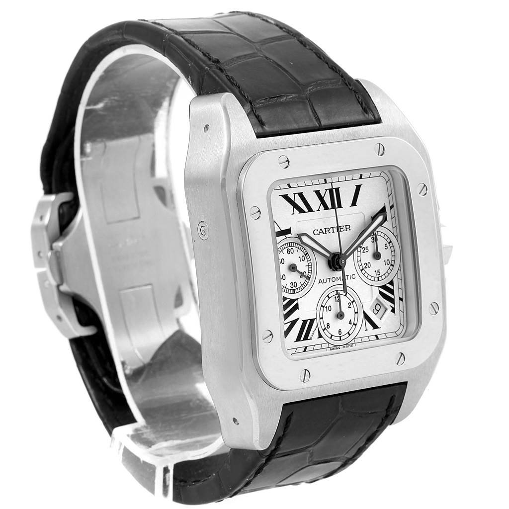 The image shows a Cartier Santos W20090X8 Men
s Stainless Steel Silver Dial W20090X8 Men
s Stainless Steel Silver Dial watch at an angled view, highlighting its square face, Roman numeral dial, and black leather strap.