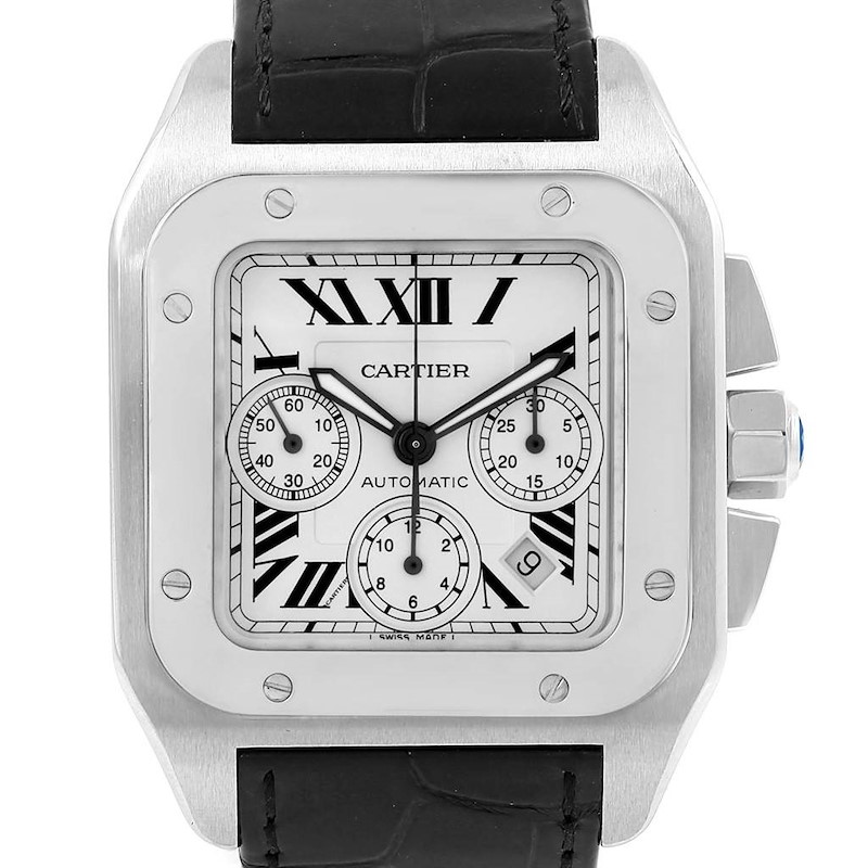 The image shows the front view of a Cartier Santos watch, featuring its dial, bezel, crown, and partial strap.