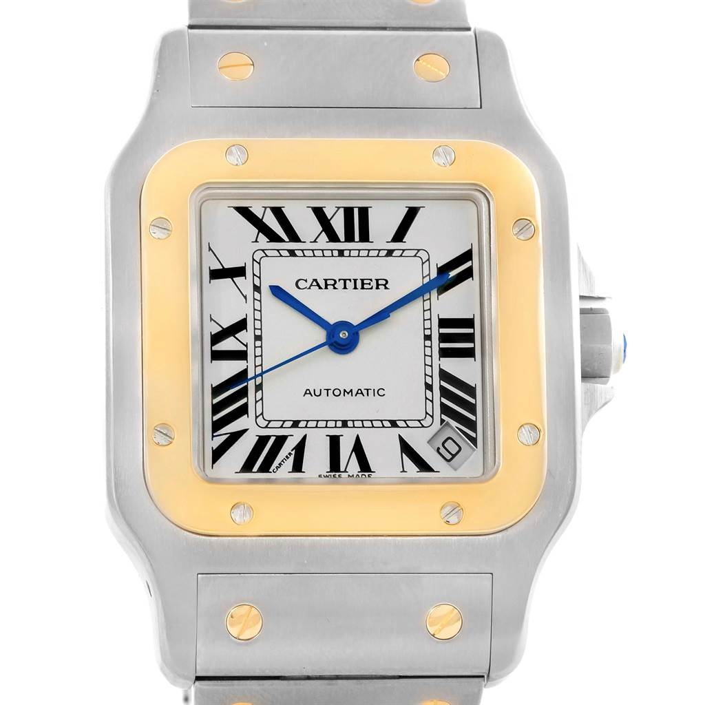 This image shows a close-up of the face and partial bracelet of the Cartier Santos W20099C4 Men's Stainless Steel Silver Dial W20099C4 Men's Stainless Steel Silver Dial model watch.