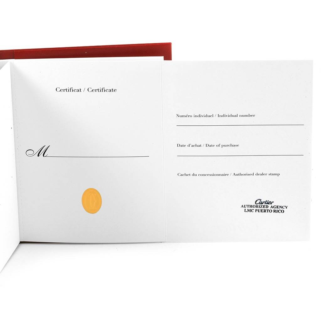 This image shows the certificate of a Santos model by Cartier, including fields for individual number, purchase date, and dealer stamp.