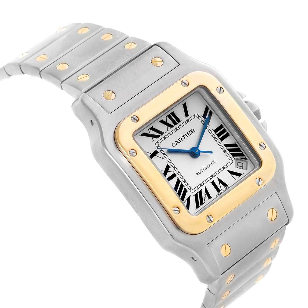 The Cartier Santos W20099C4 Men's Stainless Steel Silver Dial W20099C4 Men's Stainless Steel Silver Dial watch is shown at a slight angle, highlighting the face, bezel, and part of the bracelet with visible screws.