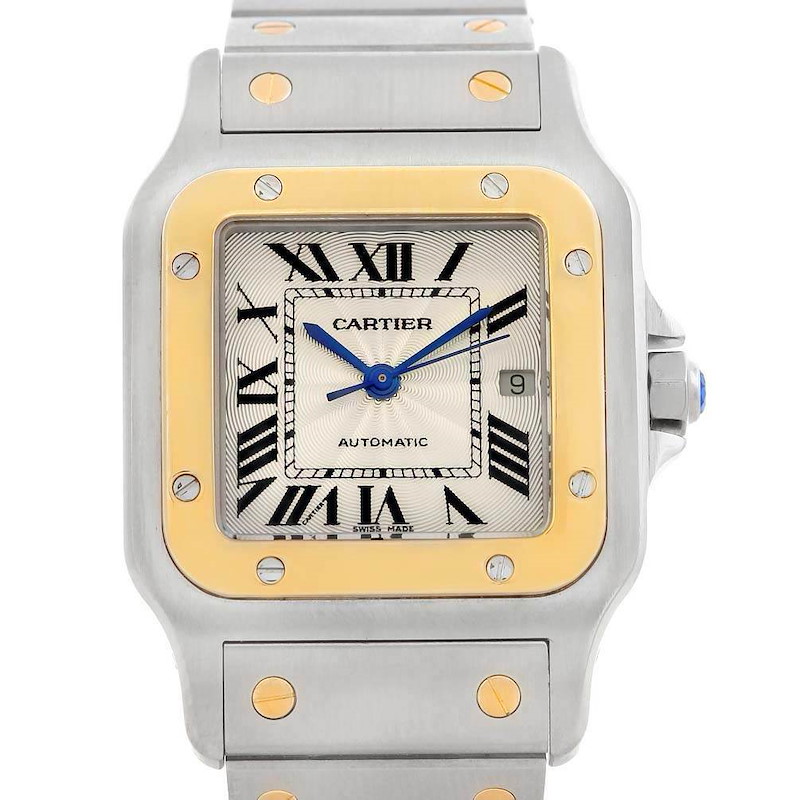 The image shows a frontal view of a Cartier Santos watch, displaying its dial, bezel, bracelet, and crown.