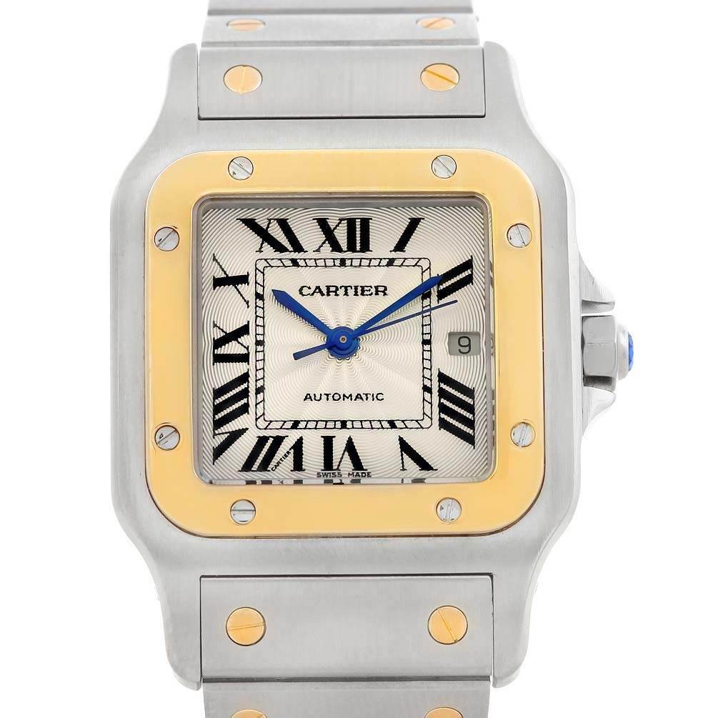 The image shows a frontal view of a Cartier Santos W20058C4 Stainless Steel Silver Dial W20058C4 Stainless Steel Silver Dial watch, displaying its dial, bezel, bracelet, and crown.