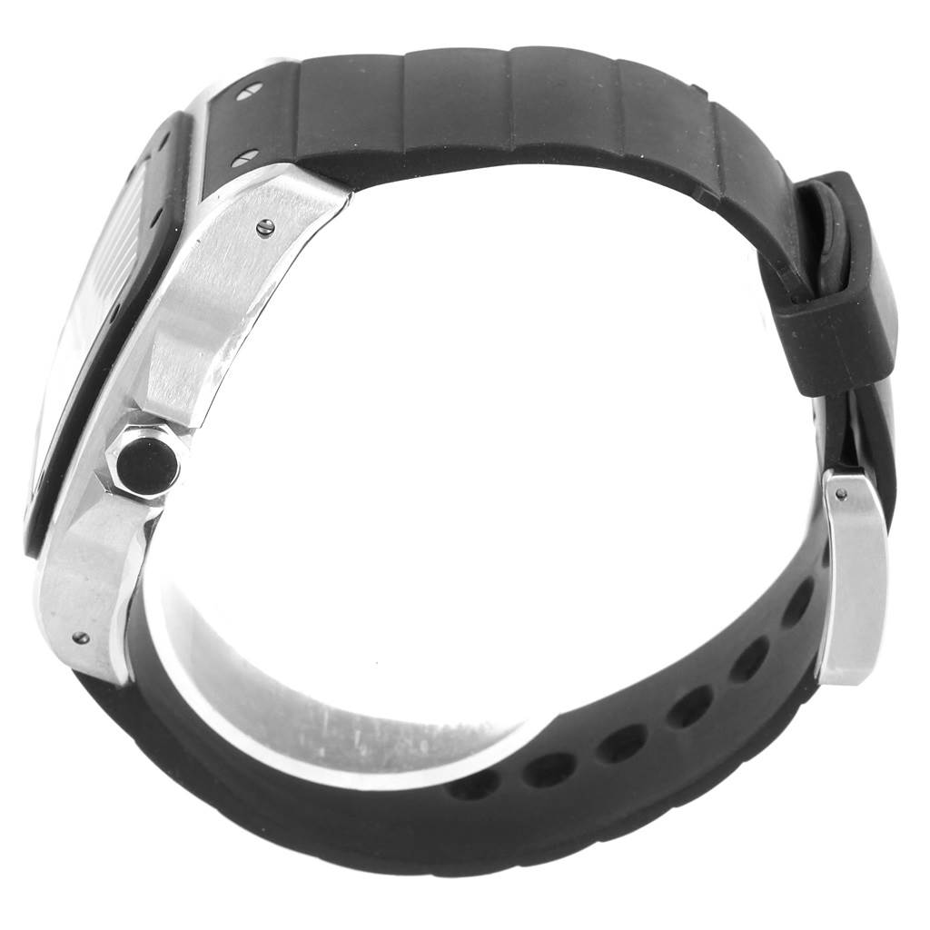 This side view of a Cartier Santos W20121U2 Men's Stainless Steel Silver Dial W20121U2 Men's Stainless Steel Silver Dial watch shows its case, crown, and rubber strap with buckle.