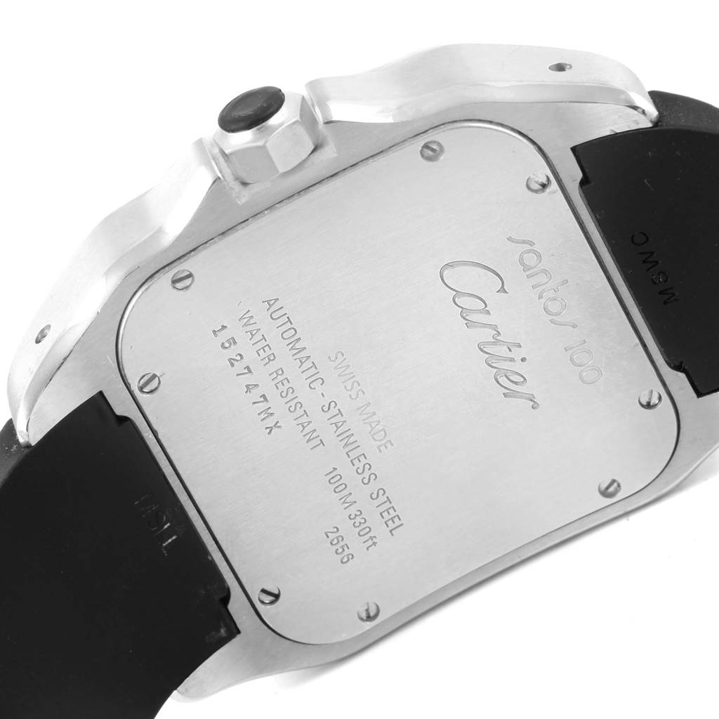 The image shows the back case and part of the strap of a Cartier Santos W20121U2 Men's Stainless Steel Silver Dial W20121U2 Men's Stainless Steel Silver Dial 100, highlighting details like water resistance and material.