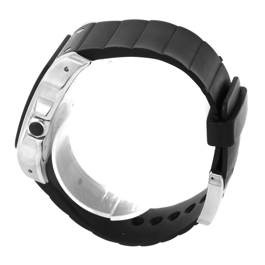 The image shows a side view of a Cartier Santos W20121U2 Men's Stainless Steel Silver Dial W20121U2 Men's Stainless Steel Silver Dial model watch, focusing on its black strap and metal case.