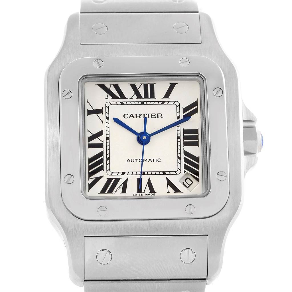 This image shows a front view of the Cartier Santos W20098D6 Men's Stainless Steel Silver Dial W20098D6 Men's Stainless Steel Silver Dial model watch, displaying its face, case, bezel, and part of the bracelet.