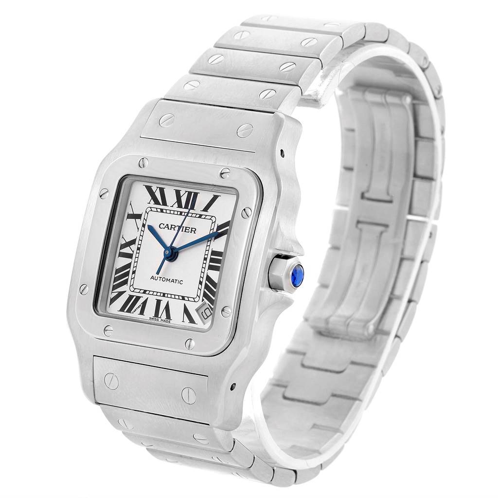 The image displays a Cartier Santos W20098D6 Men's Stainless Steel Silver Dial W20098D6 Men's Stainless Steel Silver Dial watch at an angle showcasing its face, bezel, crown, and metal bracelet.