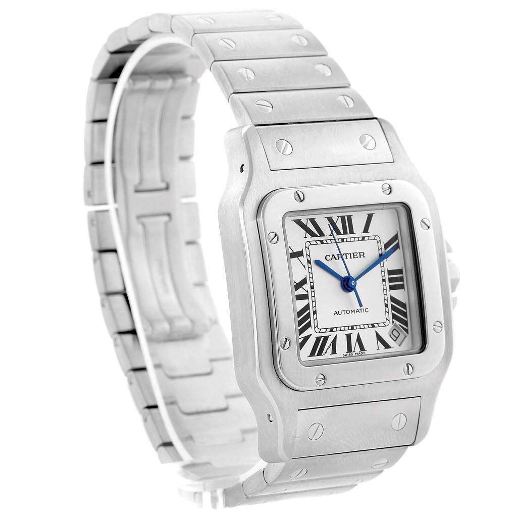 The image shows the full front and side view of a Cartier Santos W20098D6 Men's Stainless Steel Silver Dial W20098D6 Men's Stainless Steel Silver Dial watch, highlighting its bracelet and face with Roman numerals.