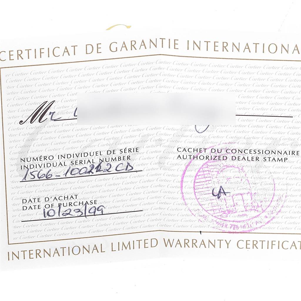 This image shows an International Limited Warranty Certificate for a Santos model by Cartier.
