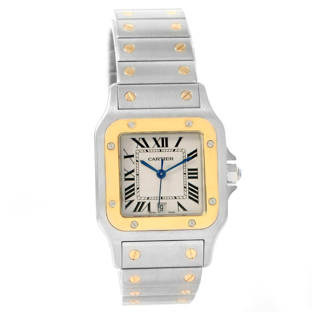 The image shows a front view of a Cartier Santos W20011C4 Stainless Steel Silver Dial W20011C4 Stainless Steel Silver Dial watch, highlighting its face, bezel, and bracelet.