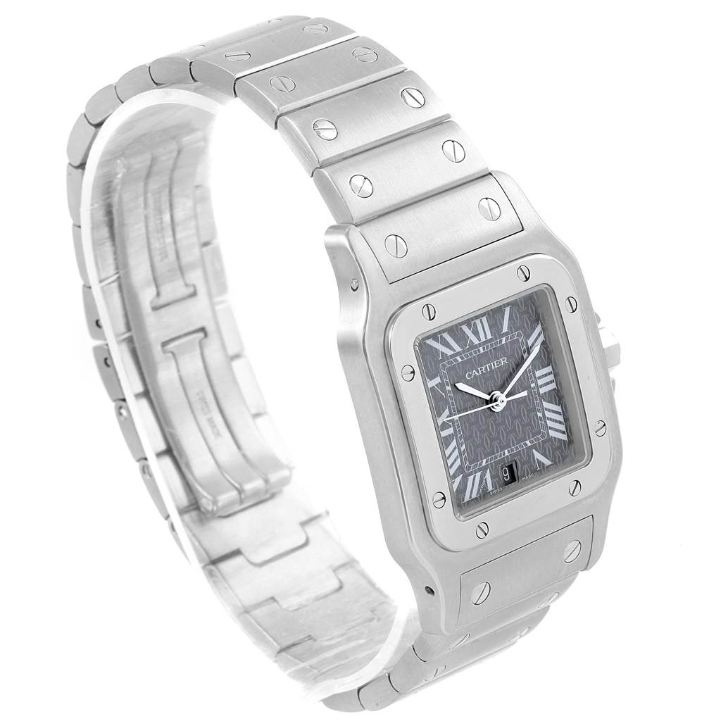 The image shows a Cartier Santos W20061D6 Stainless Steel Grey Dial W20061D6 Stainless Steel Grey Dial model watch from a front-side angle, displaying the face, bezel, and bracelet.