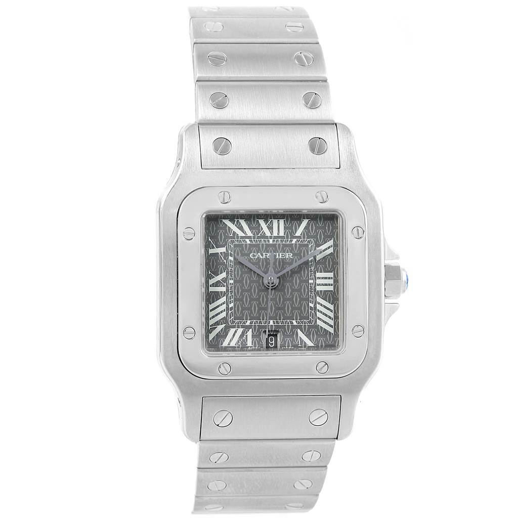 The image shows a front view of a Cartier Santos W20061D6 Stainless Steel Grey Dial W20061D6 Stainless Steel Grey Dial watch, highlighting its face, bezel, and bracelet.