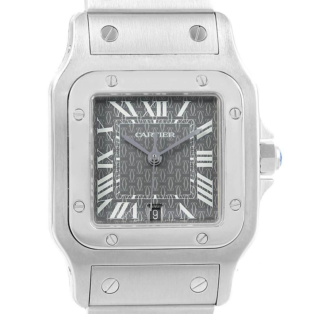 This image shows a front view of the Cartier Santos W20061D6 Stainless Steel Grey Dial W20061D6 Stainless Steel Grey Dial watch, highlighting its dial, rectangular case, and part of the bracelet.