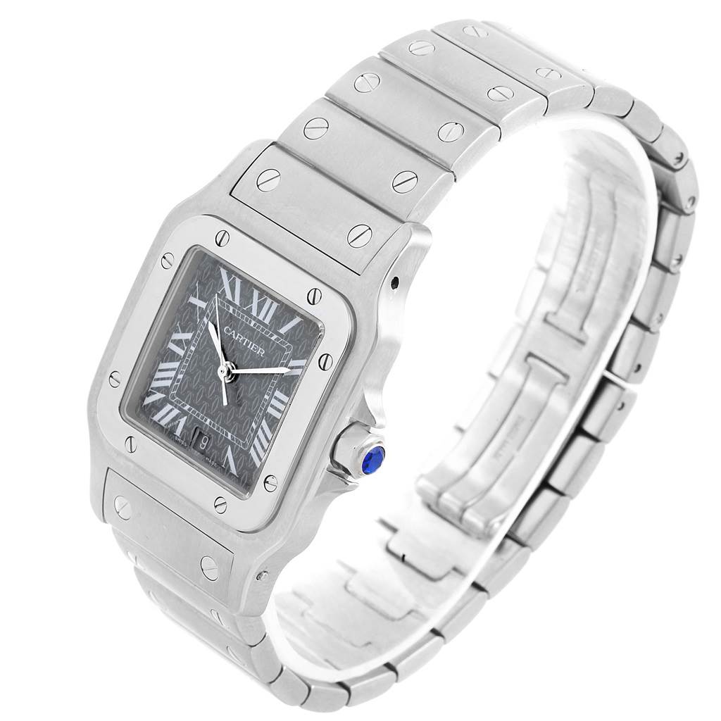 The image shows a Cartier Santos W20061D6 Stainless Steel Grey Dial W20061D6 Stainless Steel Grey Dial watch at a three-quarter angle, highlighting its face, bezel, crown, and bracelet.
