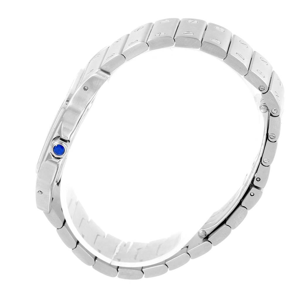 This image shows the side view of the bracelet and crown of a Cartier Santos W20061D6 Stainless Steel Grey Dial W20061D6 Stainless Steel Grey Dial watch.