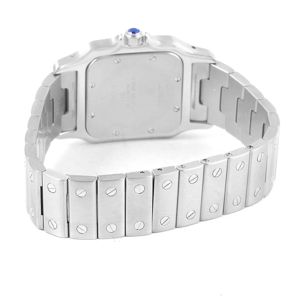 The image shows the back and bracelet of a Cartier Santos W20061D6 Stainless Steel Grey Dial W20061D6 Stainless Steel Grey Dial watch, highlighting the screws and stainless steel design.