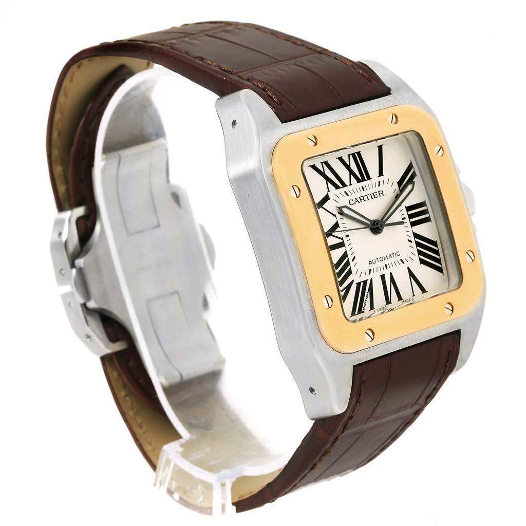 This image shows a Cartier Santos W20072X7 Men
s Stainless Steel Silver Dial W20072X7 Men
s Stainless Steel Silver Dial model watch angled to display its square face with Roman numerals and brown leather strap.