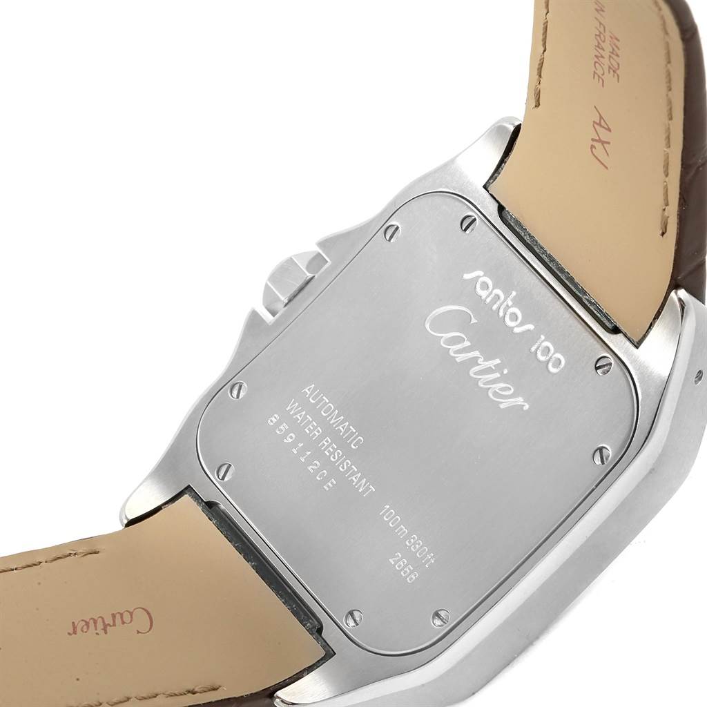 This image shows the back and part of the strap of a Cartier Santos W20072X7 Men
s Stainless Steel Silver Dial W20072X7 Men
s Stainless Steel Silver Dial 100 watch.