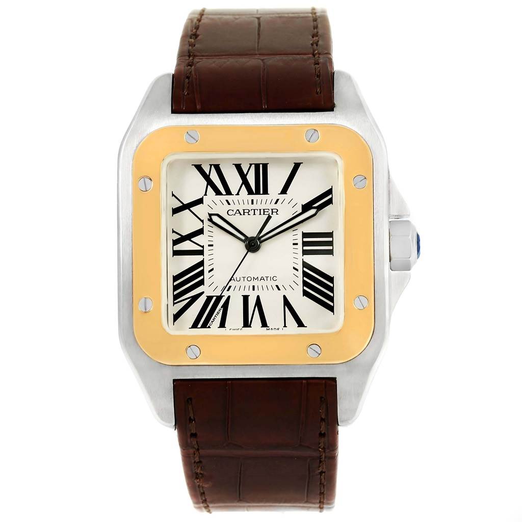 This Cartier Santos W20072X7 Men
s Stainless Steel Silver Dial W20072X7 Men
s Stainless Steel Silver Dial watch is shown from a front angle, displaying its face, bezel, crown, and leather strap.