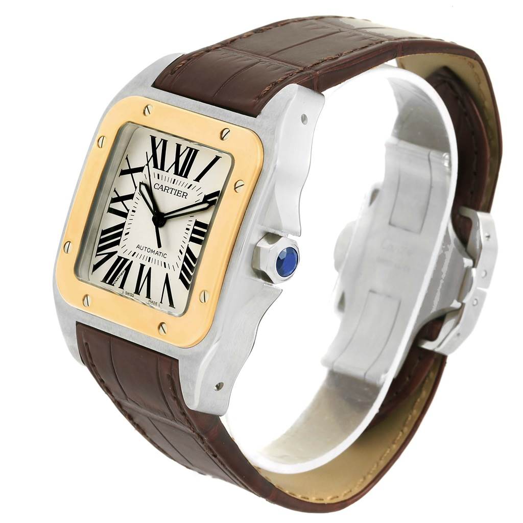 The image shows a Cartier Santos W20072X7 Men
s Stainless Steel Silver Dial W20072X7 Men
s Stainless Steel Silver Dial watch from a front-angle view, highlighting the face, bezel, and leather strap.