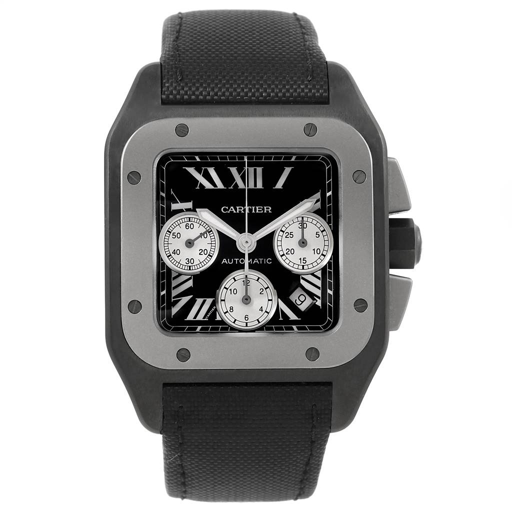 The image shows a front view of a Cartier Santos W2020005 Men's Titanium Black Dial W2020005 Men's Titanium Black Dial model watch, highlighting its face, case, dials, and strap.