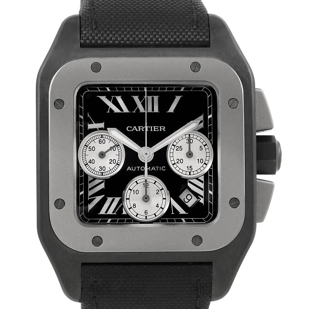 This Cartier Santos W2020005 Men's Titanium Black Dial W2020005 Men's Titanium Black Dial model watch is shown from a front angle, displaying its face, bezel, crown, and part of the strap.