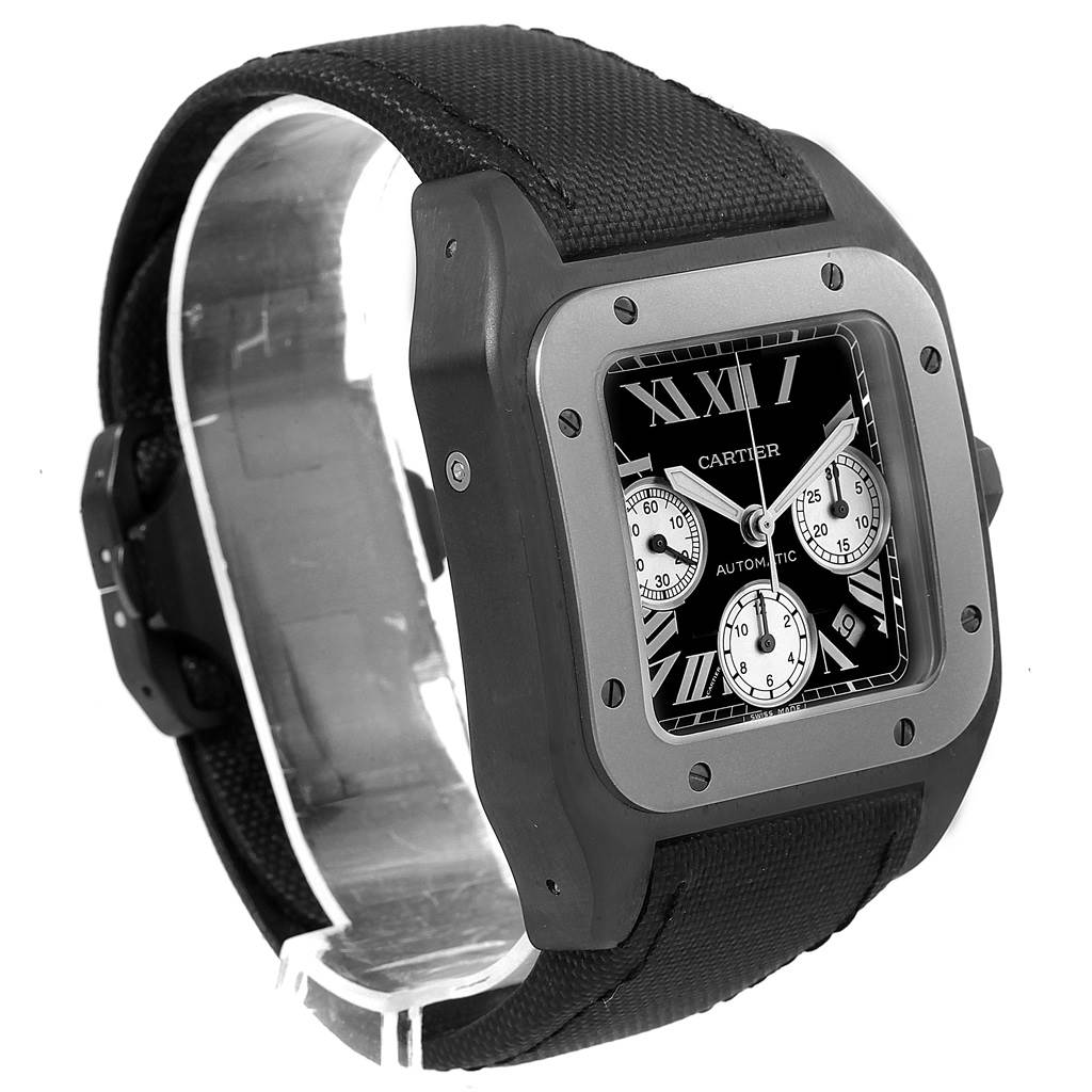 The Cartier Santos W2020005 Men's Titanium Black Dial W2020005 Men's Titanium Black Dial watch is shown at a three-quarter angle, featuring its square face, Roman numeral hour markers, and black strap.