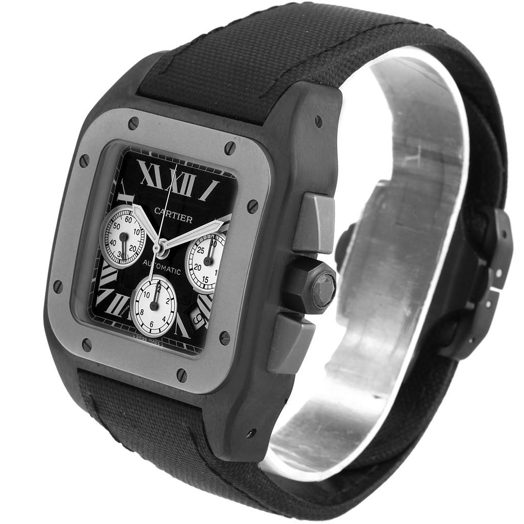 This Cartier Santos W2020005 Men's Titanium Black Dial W2020005 Men's Titanium Black Dial watch is shown at an angled view, highlighting its face, bezel, and part of the strap.