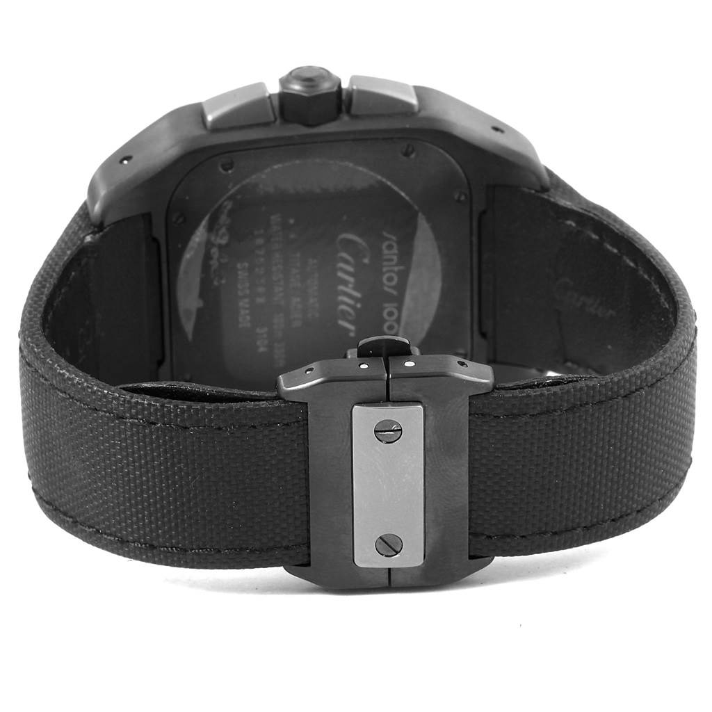 The image shows the backside and clasp of a Santos model watch by Cartier.