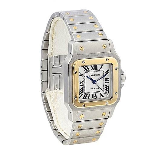 The image shows a Cartier Santos W20099C4 Stainless Steel Silver Dial W20099C4 Stainless Steel Silver Dial watch at a slight angle, highlighting its square face, metal bracelet, and gold screws.