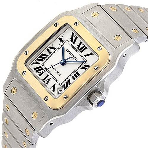 The image shows a Cartier Santos W20099C4 Stainless Steel Silver Dial W20099C4 Stainless Steel Silver Dial watch at an angled view, highlighting the face, bezel, crown, and bracelet.