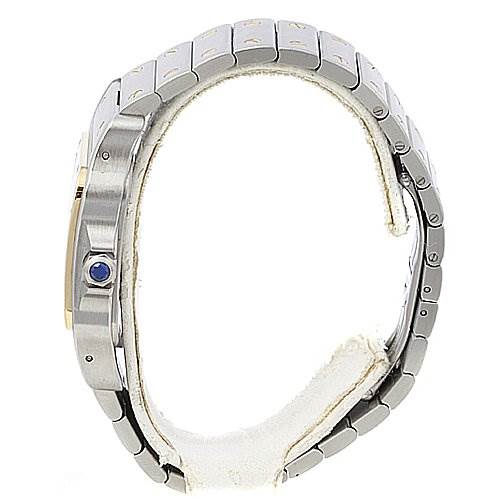 This image shows a side view of the case and bracelet of a Santos model watch by Cartier.