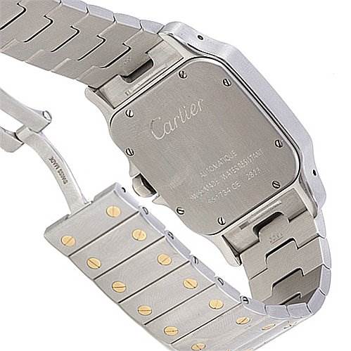 This image shows the back case and metal bracelet of a Cartier Santos W20099C4 Stainless Steel Silver Dial W20099C4 Stainless Steel Silver Dial watch at an angle, highlighting the brushed finish and screws.