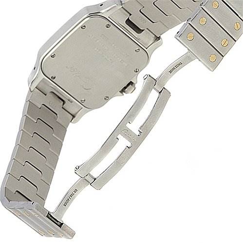 This image shows the back and clasp mechanism of a Cartier Santos W20099C4 Stainless Steel Silver Dial W20099C4 Stainless Steel Silver Dial watch from an angled, partially opened view.
