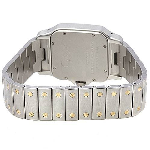 The image shows the backside and bracelet of a Santos model watch by Cartier, highlighting its clasp and screws.