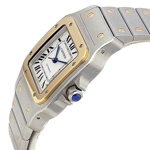 The image shows a side angle of a Cartier Santos W20099C4 Stainless Steel Silver Dial W20099C4 Stainless Steel Silver Dial watch, highlighting its square face, dial, bezel, and bracelet.