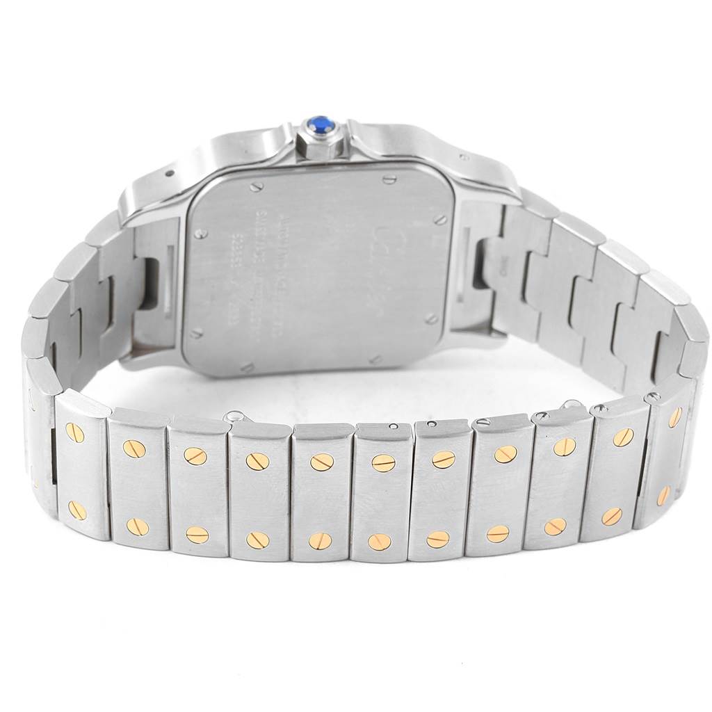 This image shows the backside and metal bracelet of the Cartier Santos W20099C4 Men
s Stainless Steel Silver Dial W20099C4 Men
s Stainless Steel Silver Dial watch.