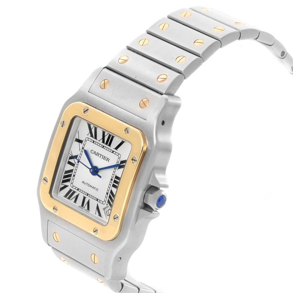 This Cartier Santos W20099C4 Men
s Stainless Steel Silver Dial W20099C4 Men
s Stainless Steel Silver Dial watch is shown from an angled front view, highlighting its face, bezel, and part of the bracelet.