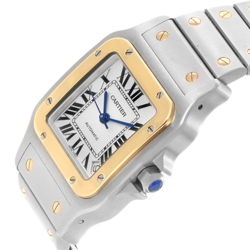 This image shows a close-up angle of the dial, case, crown, and part of the bracelet of a Cartier Santos W20099C4 Men
s Stainless Steel Silver Dial W20099C4 Men
s Stainless Steel Silver Dial watch.