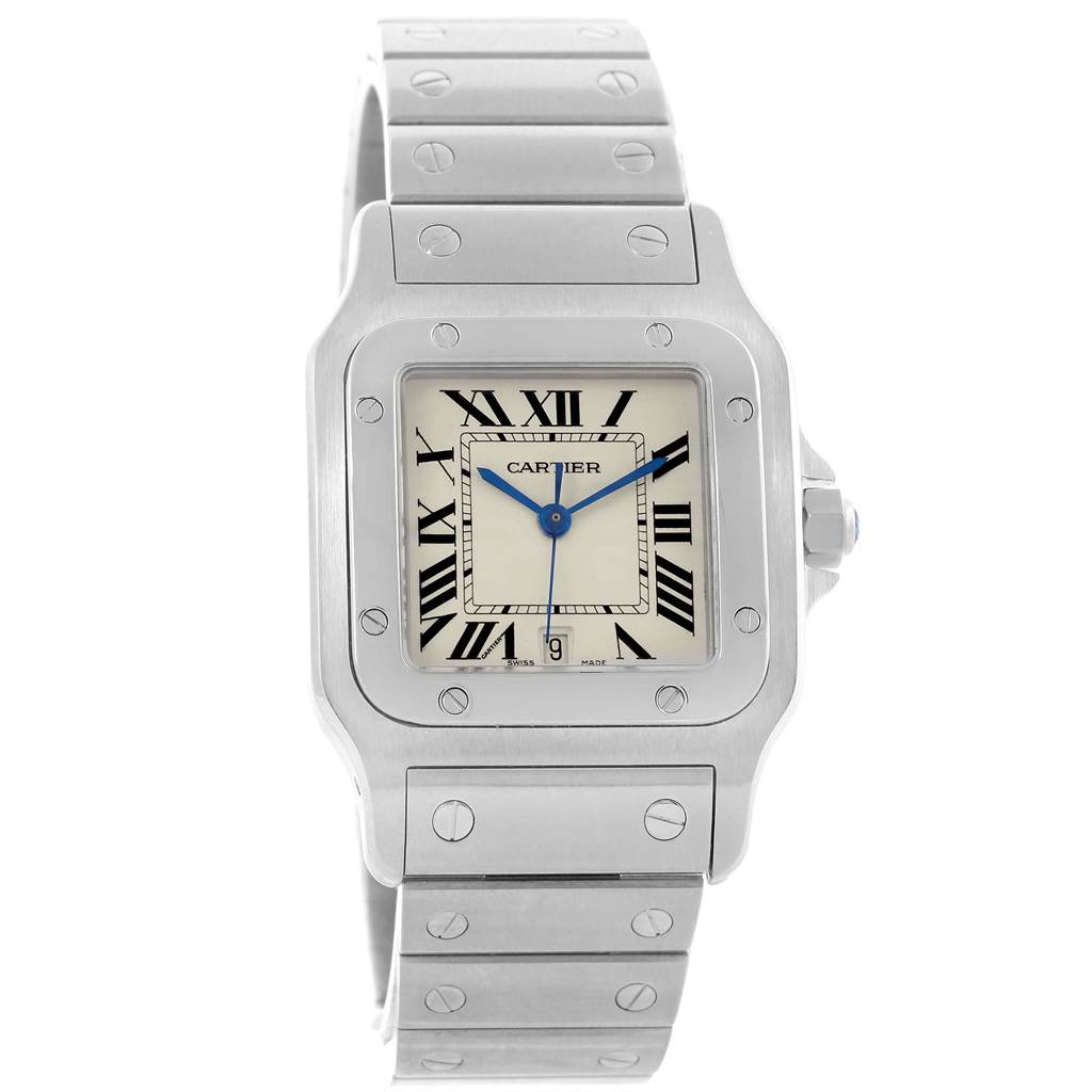 The image shows a front view of the Cartier Santos W20060D6 Stainless Steel Silver Dial W20060D6 Stainless Steel Silver Dial watch, displaying its square face, bezel, Roman numeral dial, and metal strap.