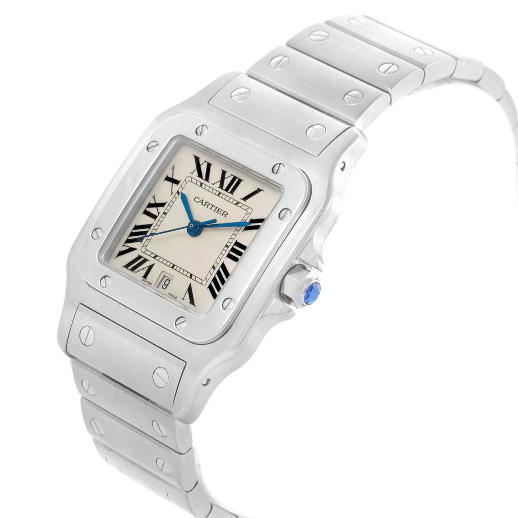 This image shows a Cartier Santos W20060D6 Stainless Steel Silver Dial W20060D6 Stainless Steel Silver Dial watch at a three-quarter angle, displaying the face, bezel, crown, and part of the bracelet.